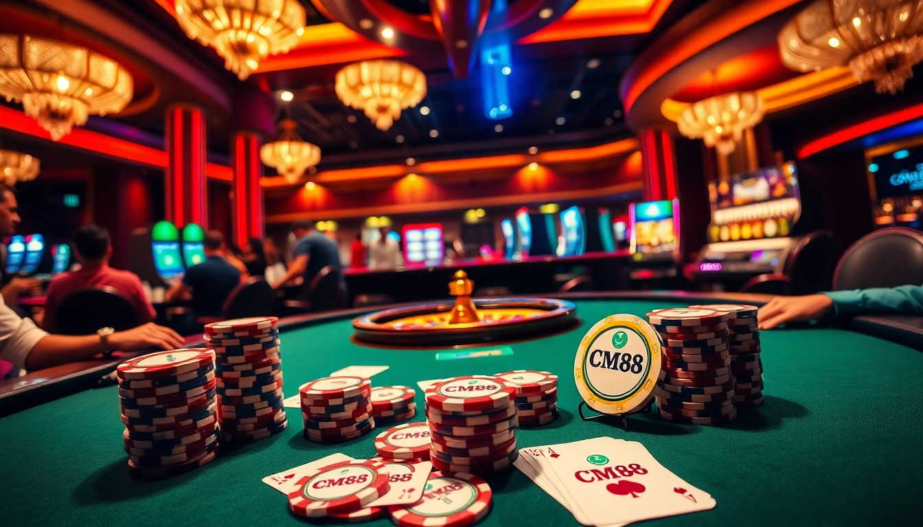 Experience the excitement of CM88 at a luxurious casino, featuring poker chips, cards, and vibrant lights.