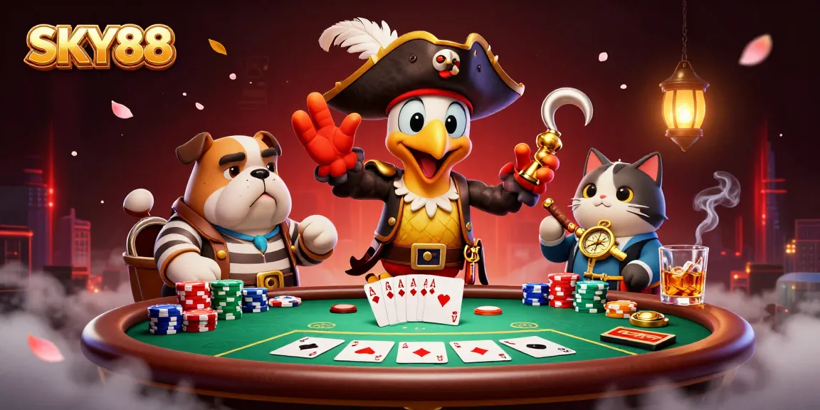 Engage with thrilling poker action at SKY88, featuring vivid characters and vibrant casino elements.