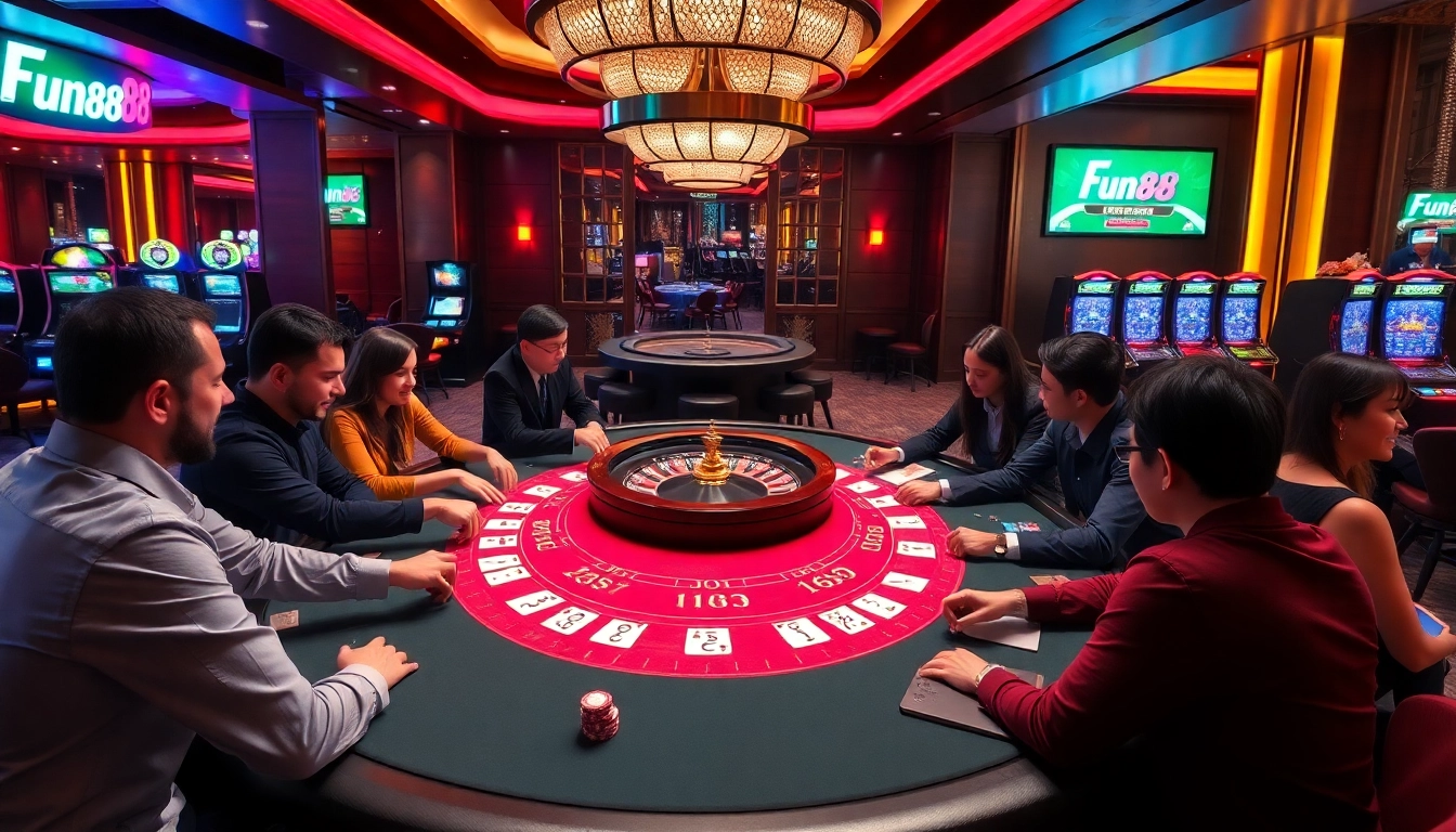 Fun88 players enjoying an exciting poker game at a luxurious casino table.