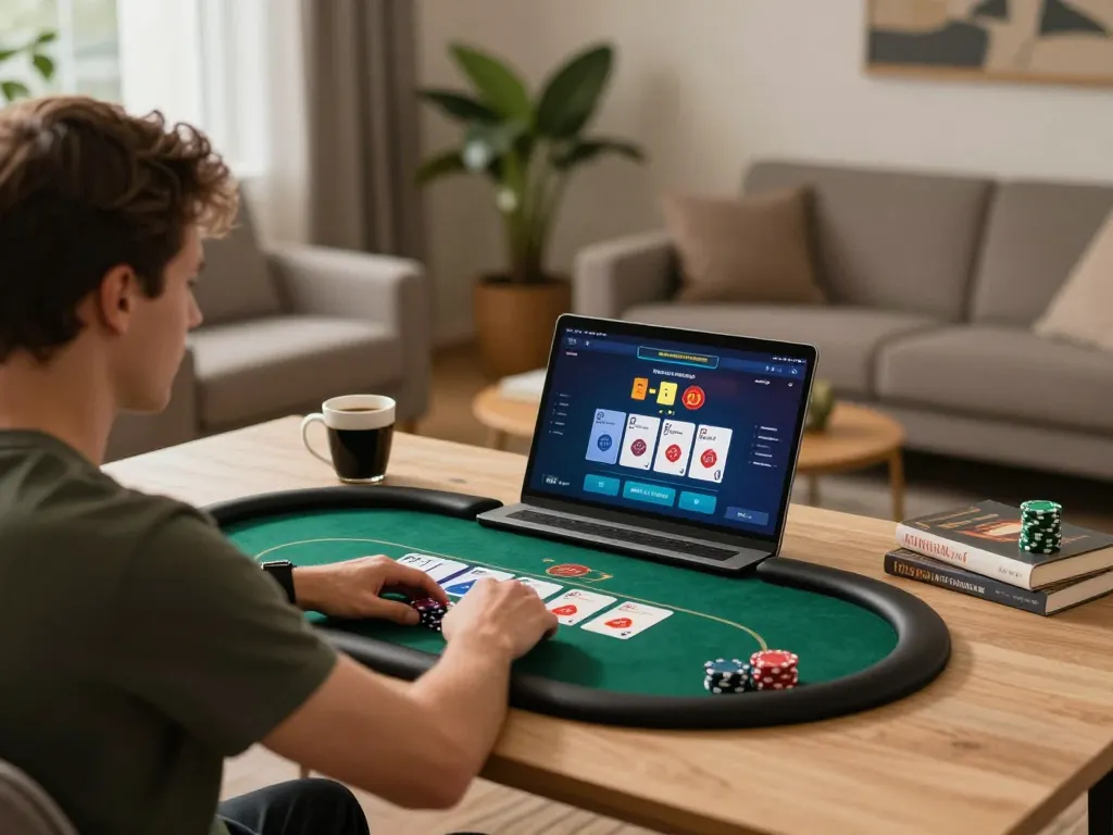 iwin online poker player engaged in strategic gameplay at home during casual session.