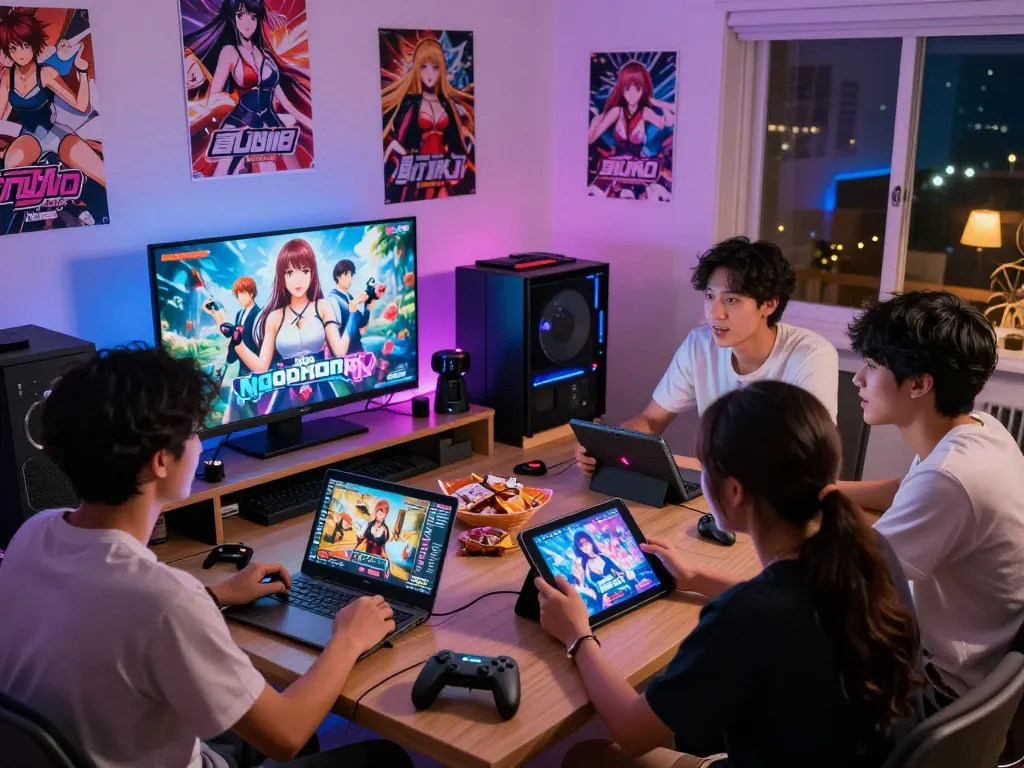 Friends enjoying hentai games together in a cozy gaming room filled with vibrant decorations and devices.