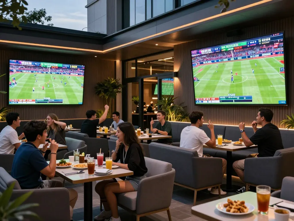 SV368 fans cheering in a lively sports betting lounge while placing bets.