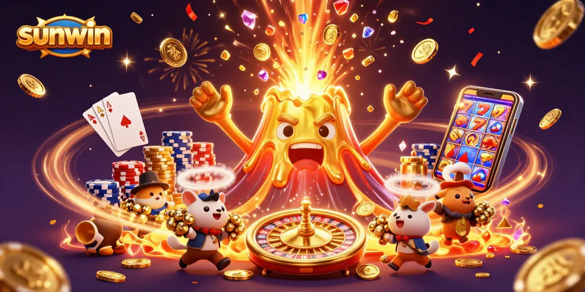 Sunwin's golden volcano erupts with riches, showcasing vibrant casino elements in a dynamic celebration.