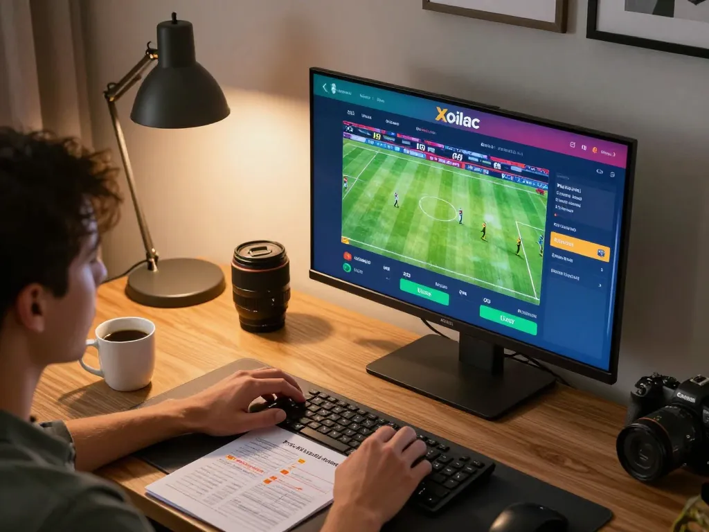 Xoilac user analyzing live sports betting on a vibrant screen, showcasing excitement and strategy.