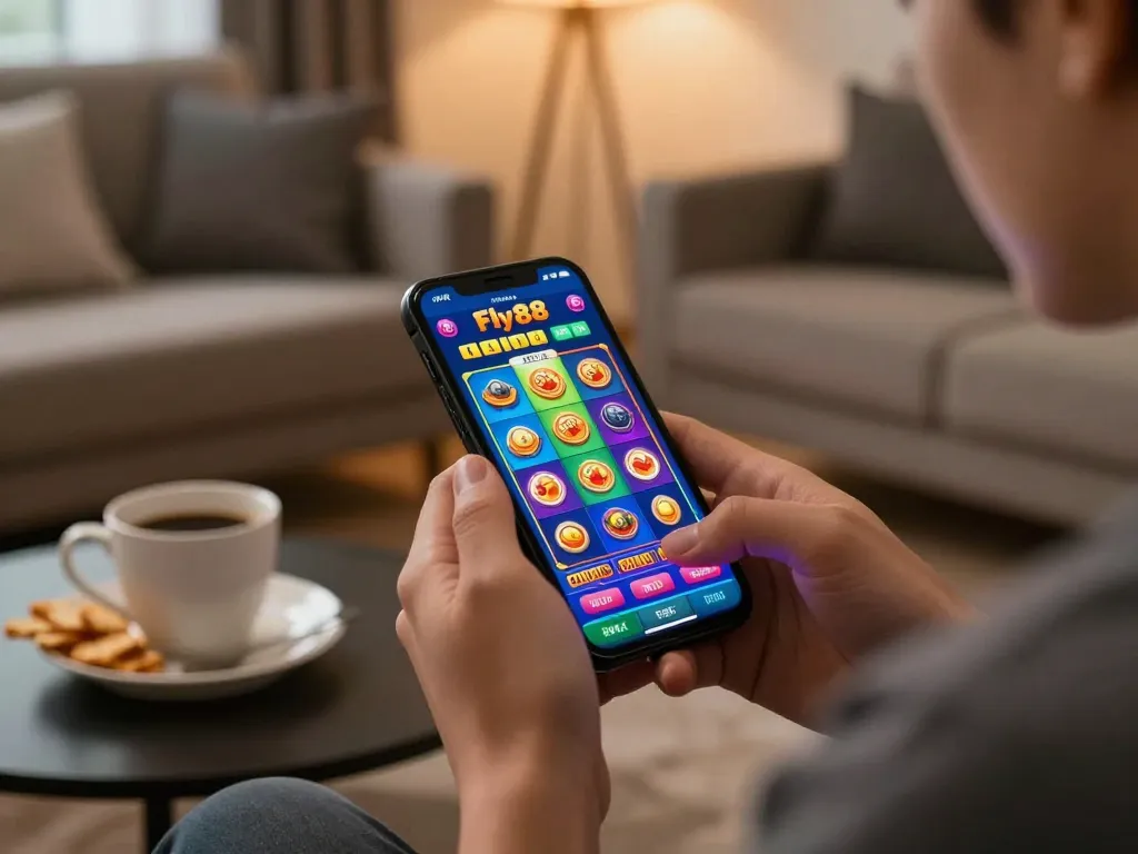 Players enjoying fly88 casino app on a smartphone, immersing in online gambling at home.