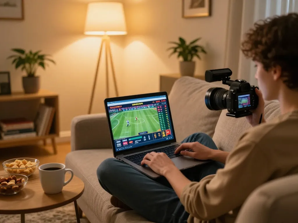 Engaging in live betting with vin 88 at home, capturing the excitement of online sports wagering.