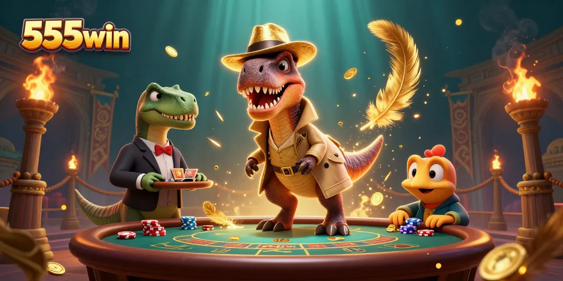 Experience thrilling moments at 555win casino with a velociraptor and friends playing blackjack.