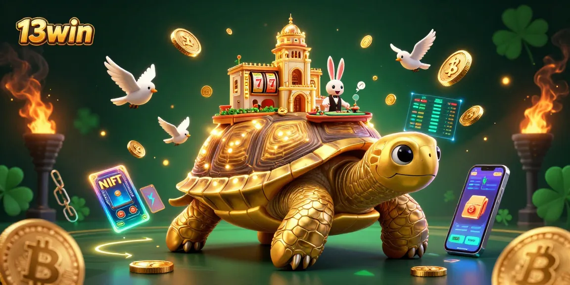 Experience thrilling casino action with 13win's golden tortoise and dealer in vibrant 3D.