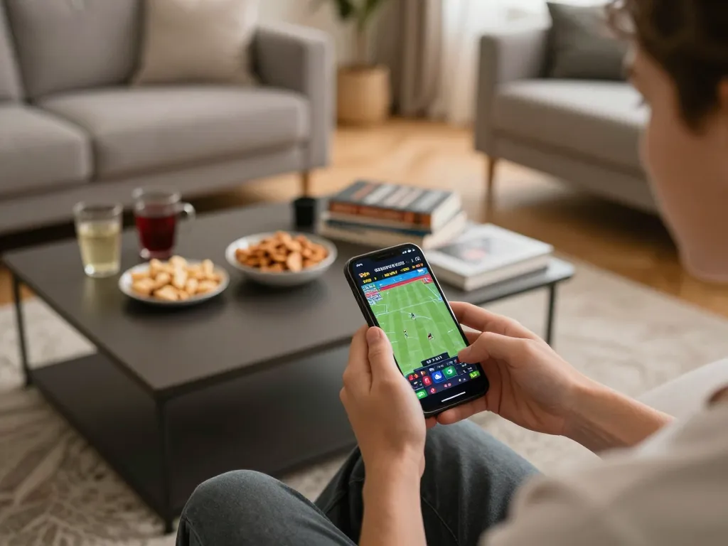 Cakhia platform user engaged in mobile sports betting from a cozy living room setting.