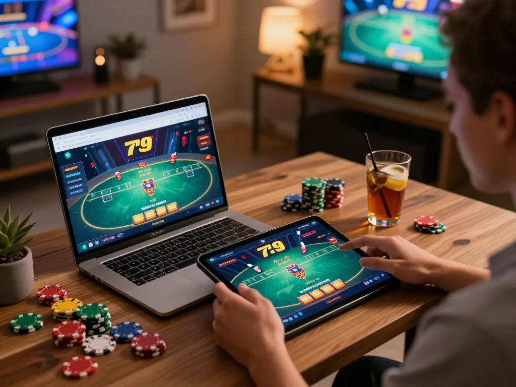 Engaging in fun79 poker on a tablet at home, showcasing vibrant gaming atmosphere
