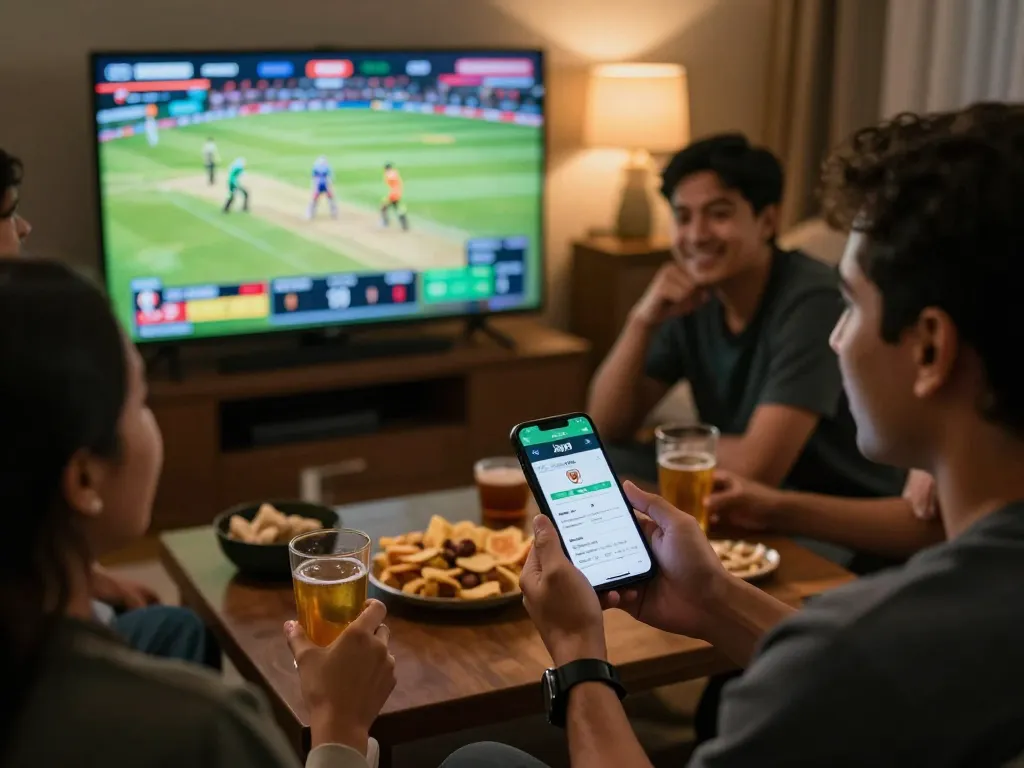 Excited friends using Jaya9 app for live betting while enjoying a cricket match at home.