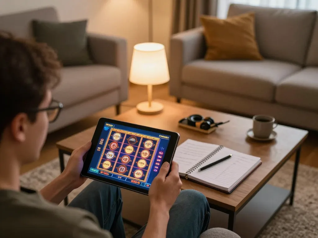 Engaging gameplay on Pragmatic Demo slots displayed on a tablet in a cozy home setting.