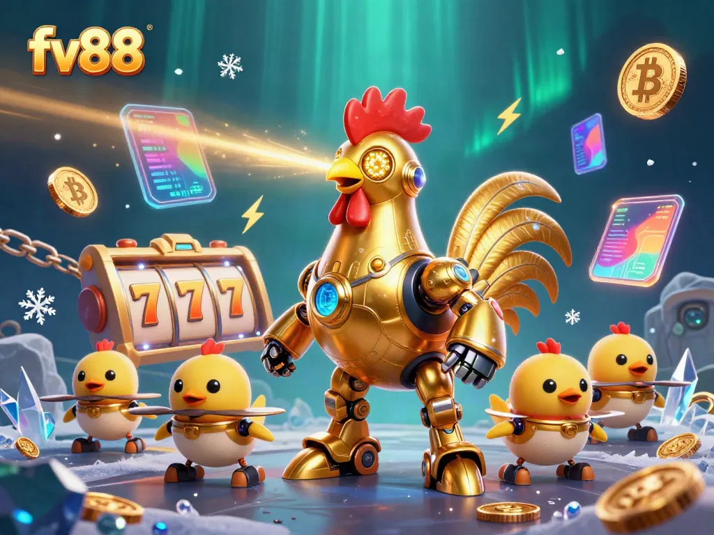 Experience the excitement of fv88 with a vibrant 3D scene featuring a futuristic golden rooster robot and slot game elements.