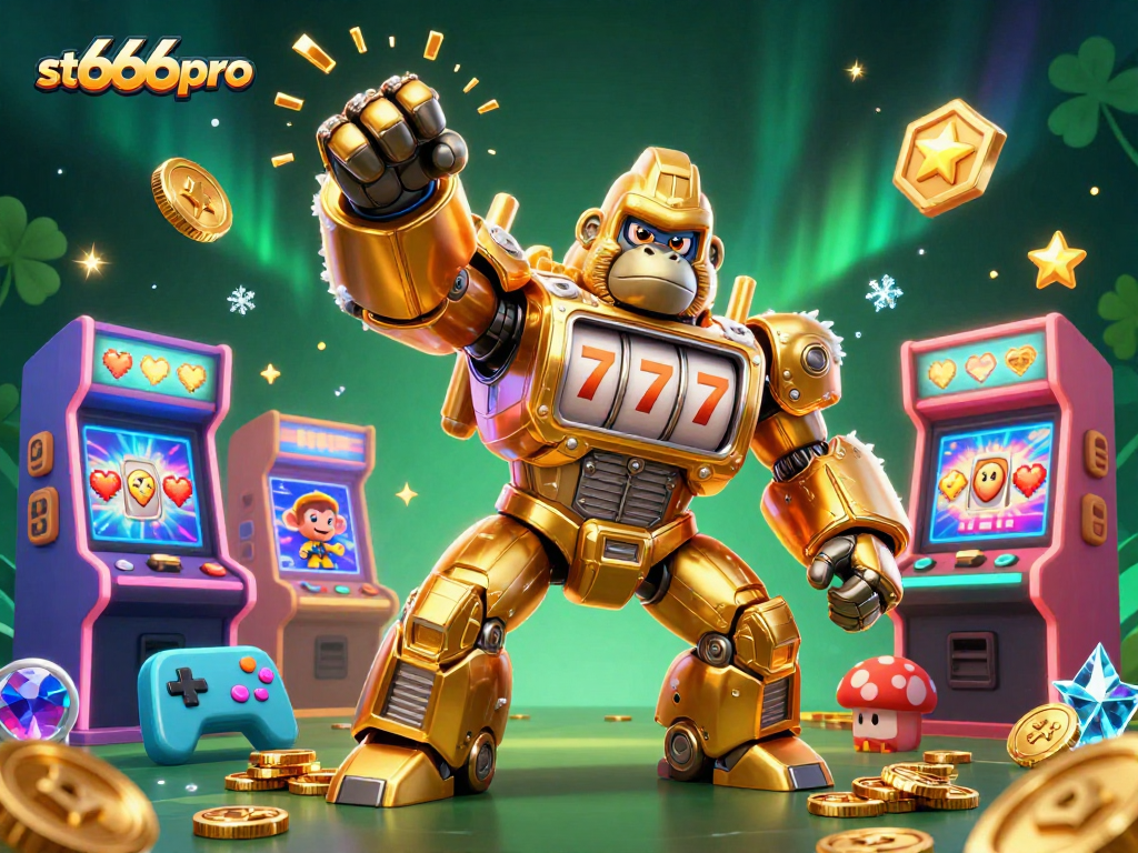 Experience thrilling gaming action with st666pro in this vibrant 3D casino scene featuring a golden gorilla mech.