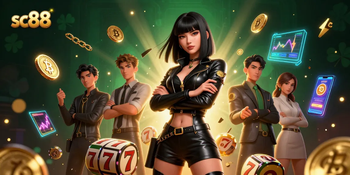Experience the thrill of gameplay at sc88, featuring a powerful Asian woman amidst slot reels and crypto elements.