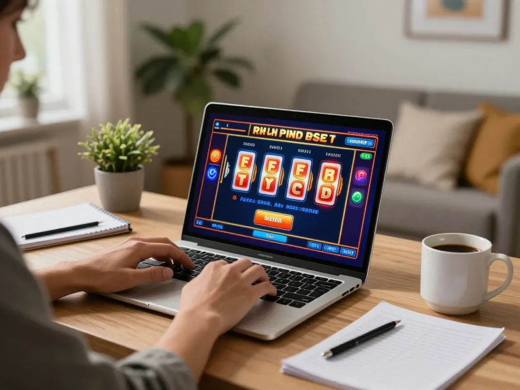 Cổng game 79club featuring a player engaged in online slots on their laptop, showcasing a modern home setting.