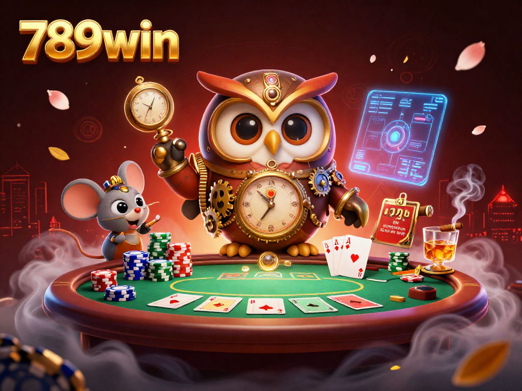 Experience thrilling gameplay at 789win, featuring a dynamic casino scene with a time-traveling owl and poker elements.