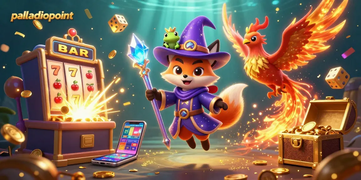 Palladiopoint's vibrant casino experience illustrated with a wizard fox, phoenix, and dynamic gaming elements.