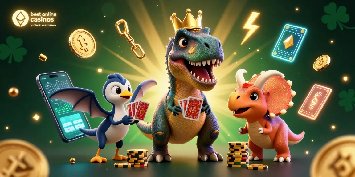 Engage with the best online casinos Australia real money through a fun 3D casino scene featuring dinosaurs.
