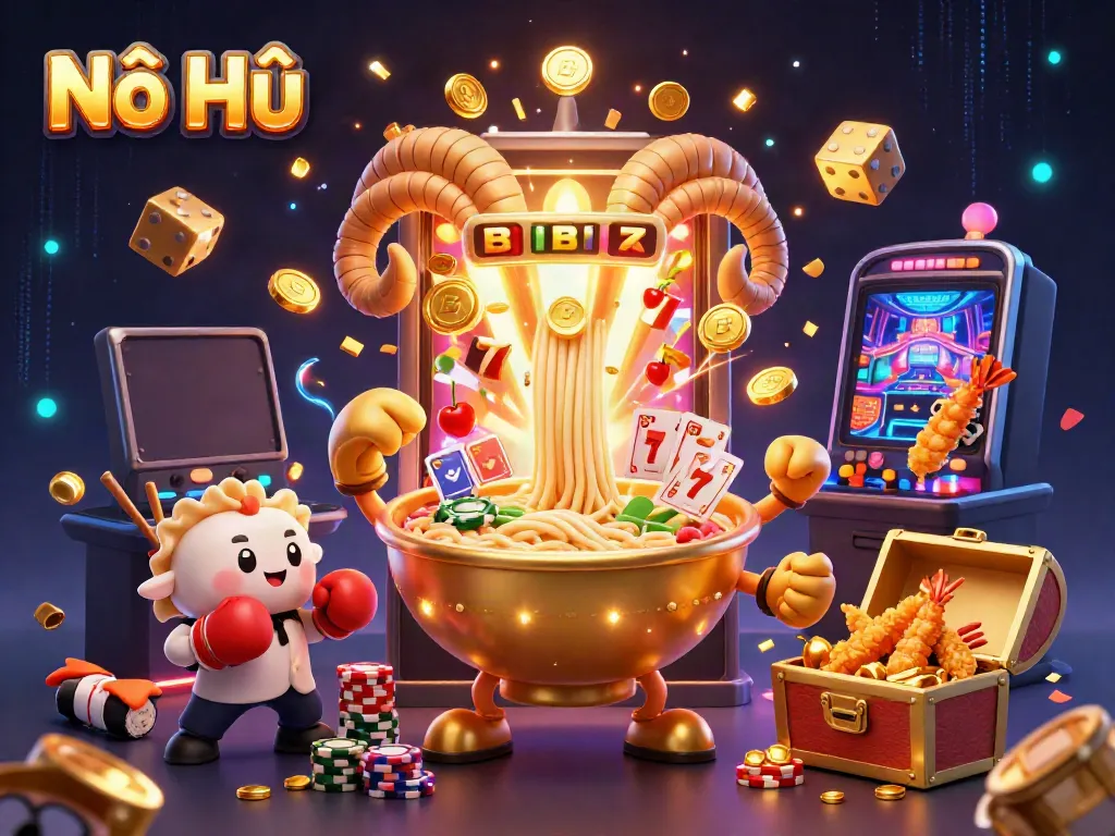 Nổ Hũ gaming scene with energetic characters including a ramen bowl and winning elements