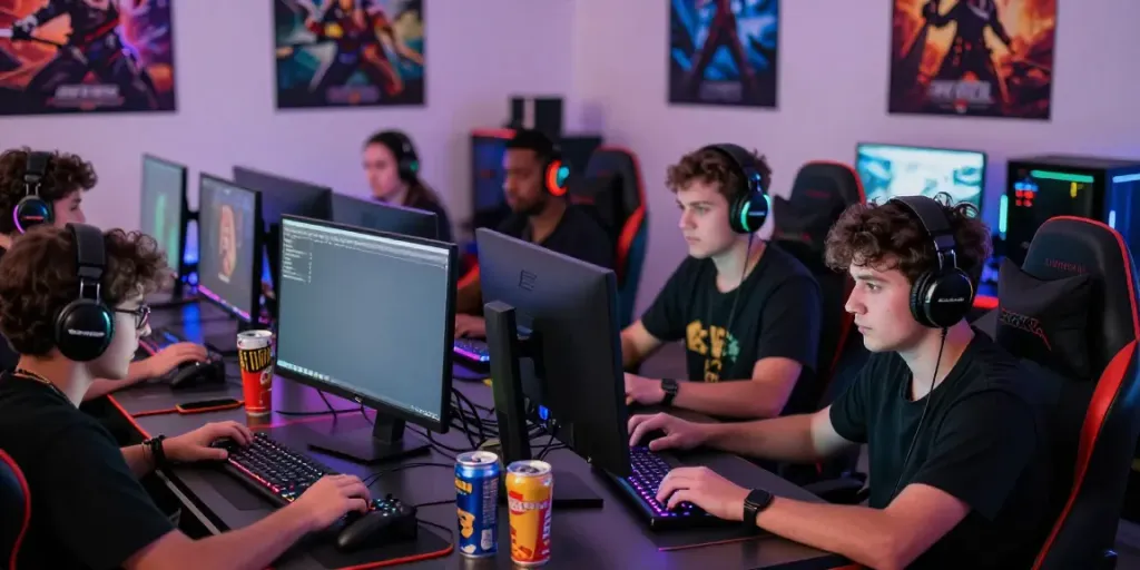 Engaging gaming session for đăng ký 78win with players strategizing around bright screens and gaming gear.