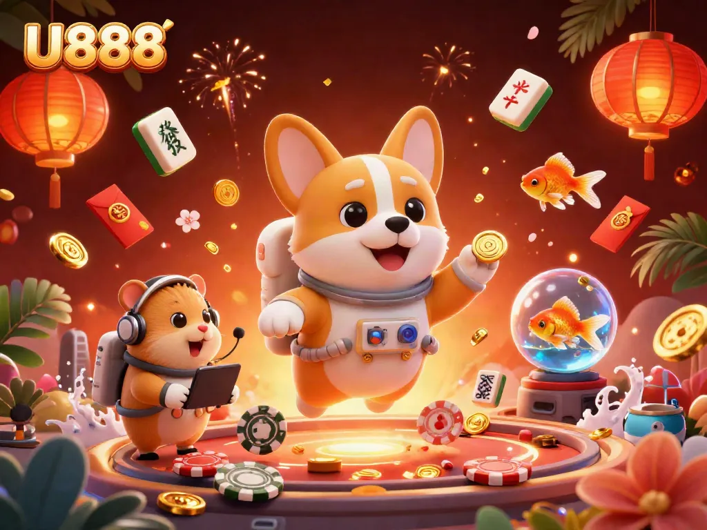 Experience U888's thrilling casino atmosphere with a floating space-themed adventure featuring characters and vibrant game elements.