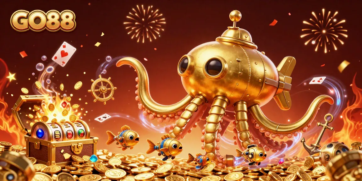 Experience thrilling excitement with GO88's vibrant casino-themed underwater adventure featuring a golden kraken.