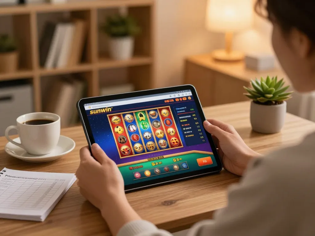 Engaging in sunwin online casino gaming with tablet and bankroll notes in cozy atmosphere.