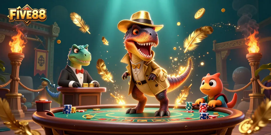 Join the fun at FIVE88 with a thrilling blackjack game featuring a stealthy velociraptor card counter.