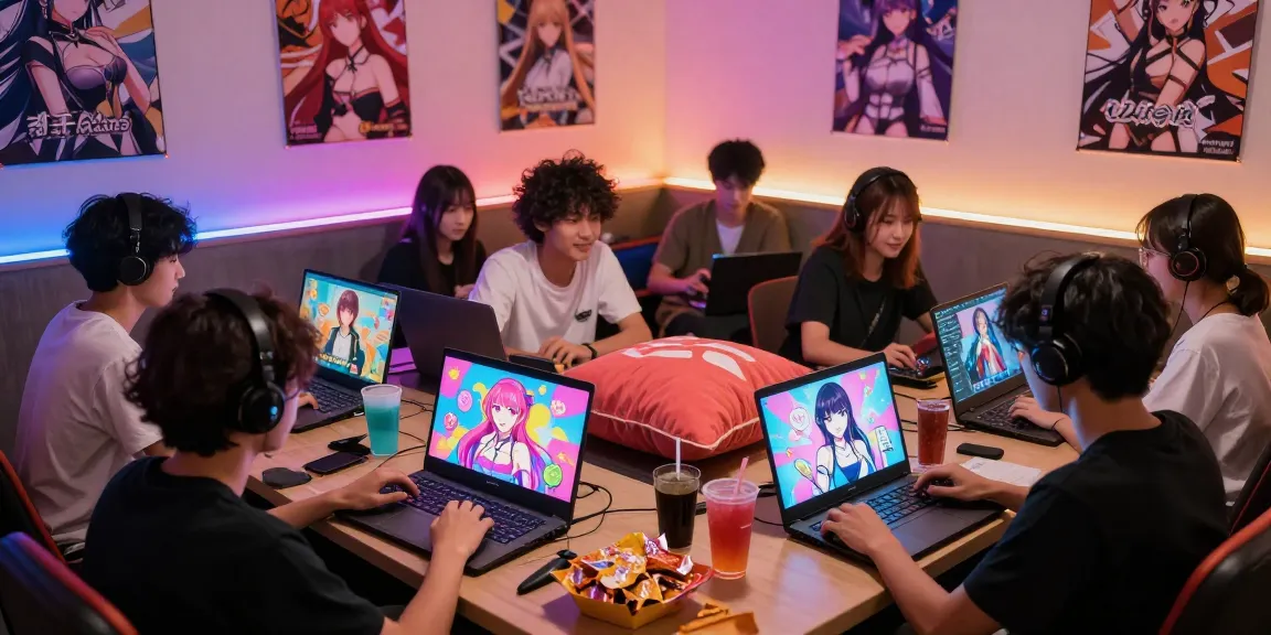 Group of friends enjoying free hentai games in a vibrant gaming lounge with colorful visuals and snacks.