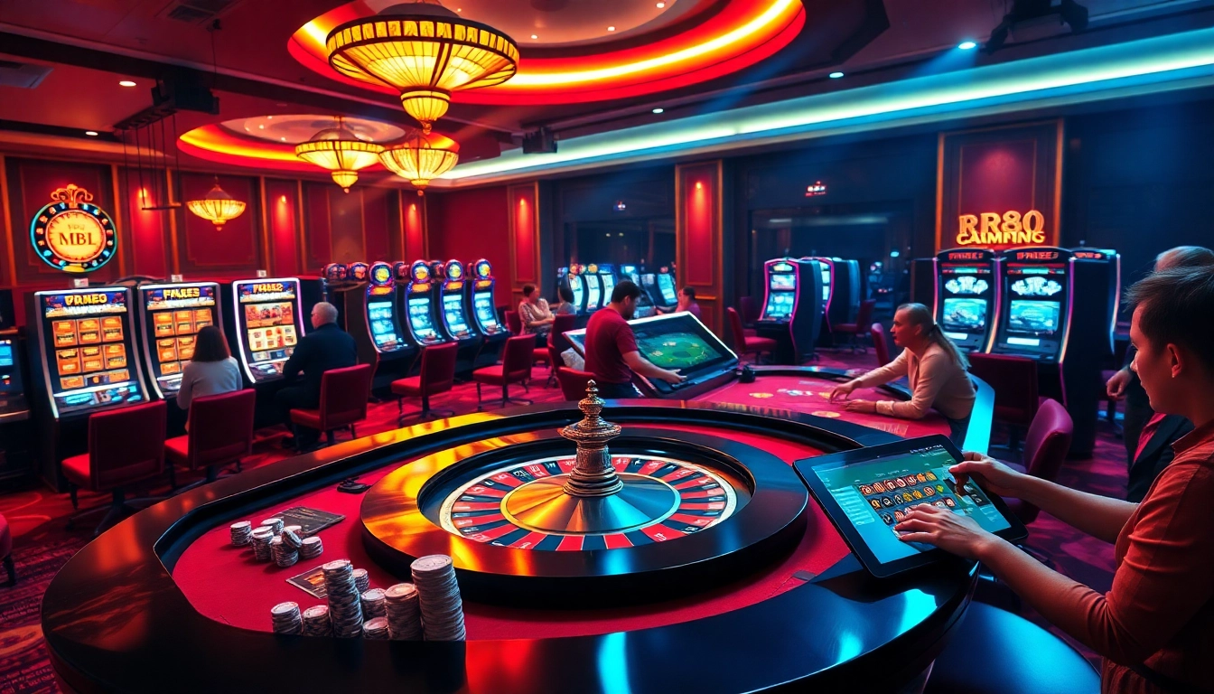 Engaged players enjoy the thrilling atmosphere at RR88 casino with lively table games and slot machines.