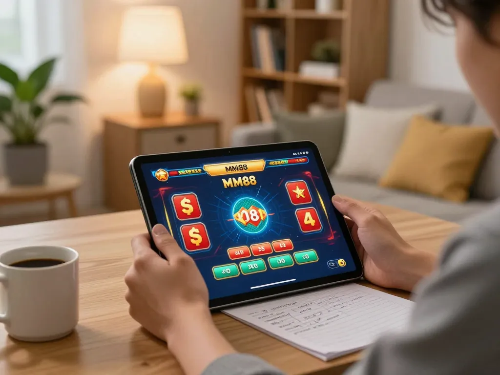 Engaging online gameplay at MM88 casino, showcasing a player using a tablet in a cozy home setting