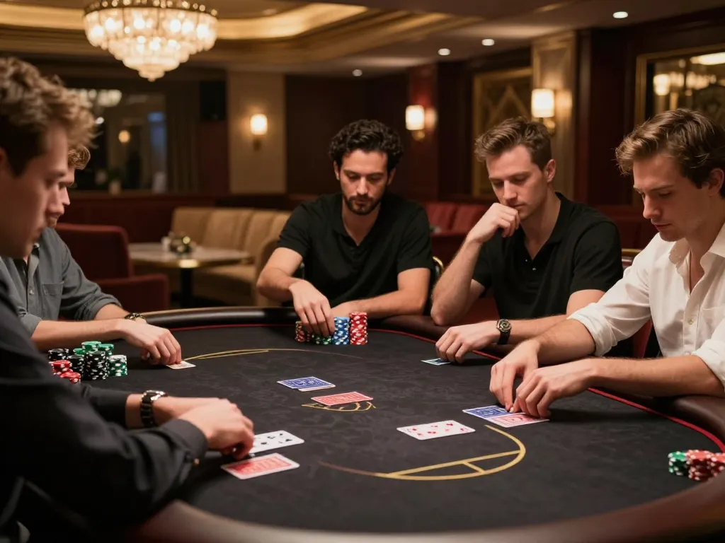 Players at a luxurious poker table engaging in high-stakes gameplay at mb 66 casino
