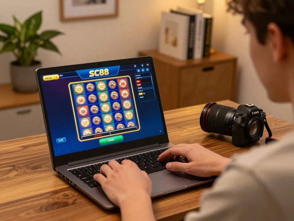 Person playing SC88 online casino game excitedly on laptop at home.