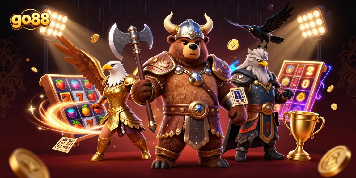 Experience thrilling slots action at go88 with a Viking berserker and Valkyrie in a dynamic casino scene.