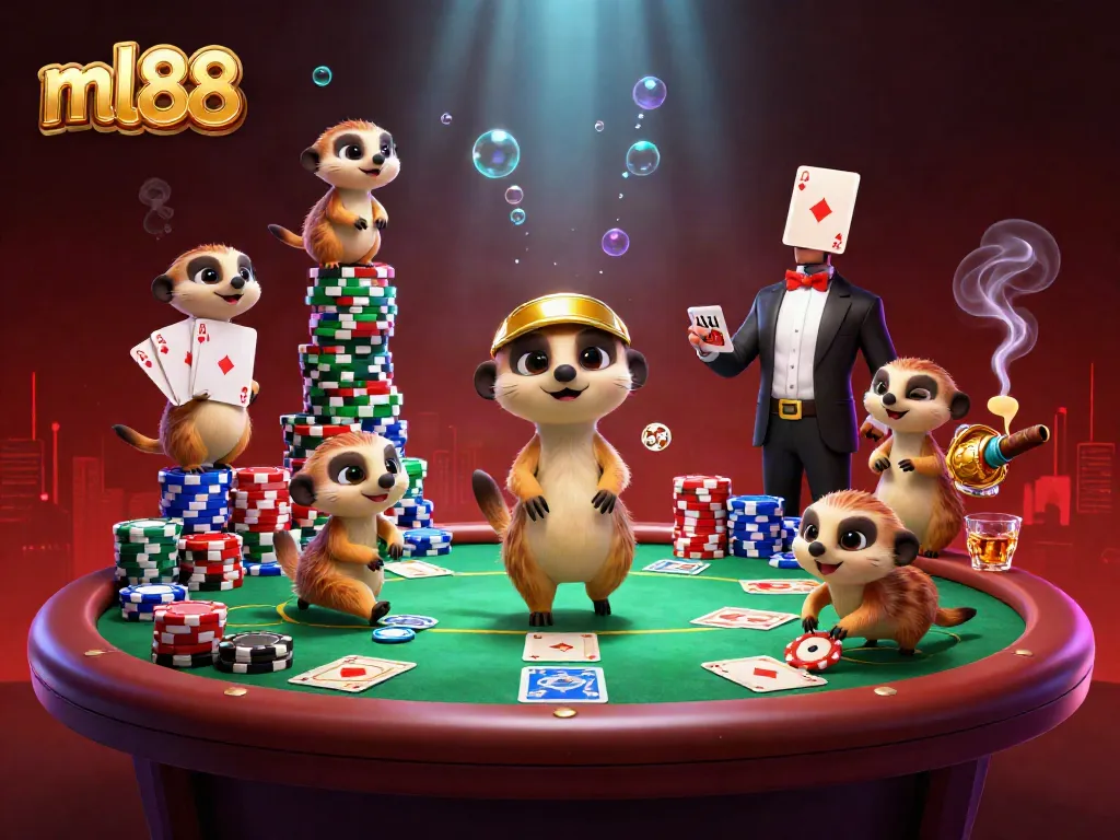 Experience thrilling gaming action at ml88 casino with cartoon meerkats managing a vibrant poker scene.