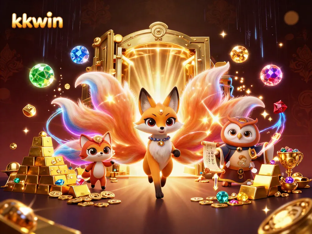 Experience enchanting kkwin gameplay with a nine-tailed fox and owl amidst treasure and vibrant gems.