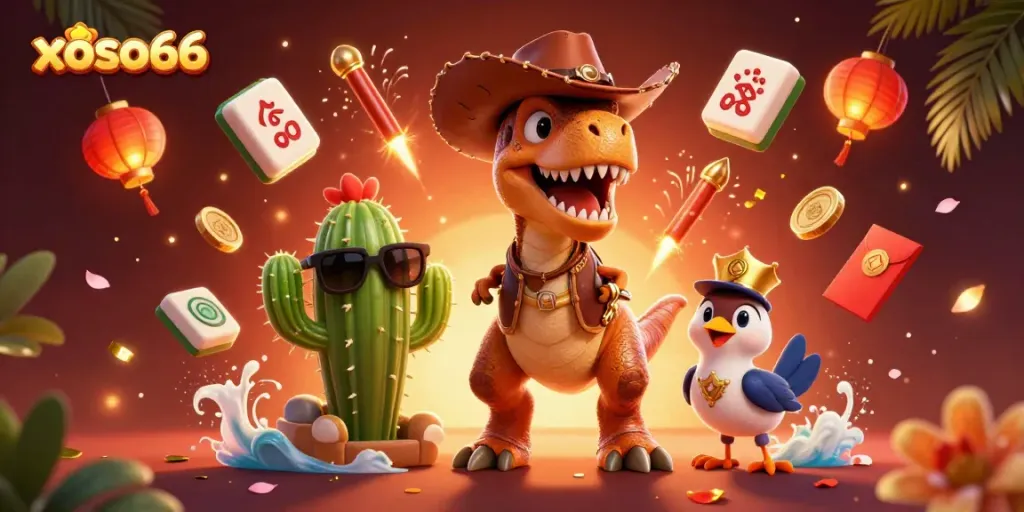 Engage with xoso66 as a jackpot T-Rex cowboy explores 3D gambling in an illustrated casino world.
