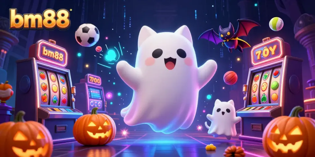 Experience thrilling gameplay at bm88 with a ghost cat and vampire in a haunted casino illustration.