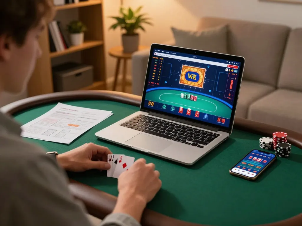 Sesi poker daring yang menarik di rumah menggunakan idn789, menampilkan catatan strategi dan antarmuka ponsel pintar.