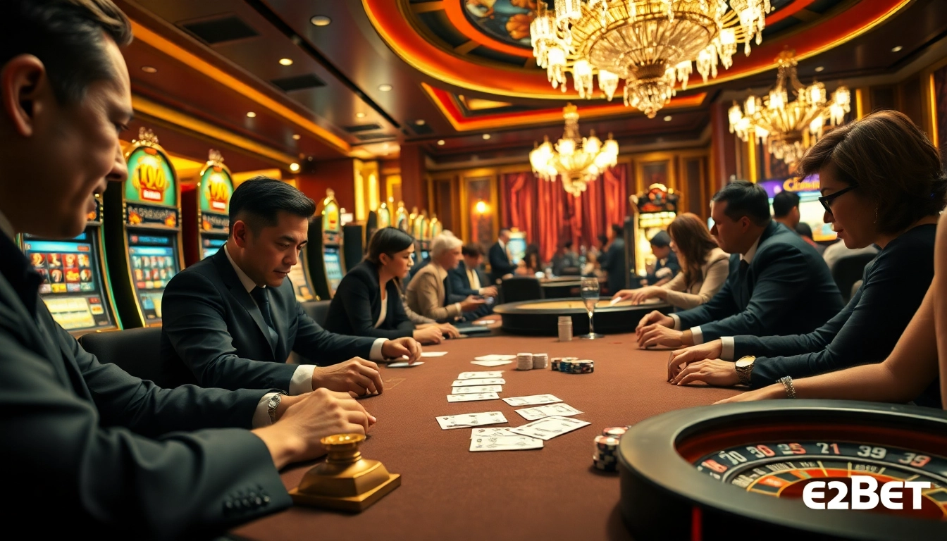 High-stakes poker game at Trang chủ E2BET with elegant players and vibrant casino ambiance.
