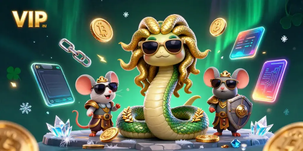 Experience thrilling games with VIPWIN, featuring cartoon Medusa and a warrior mouse amidst vibrant casino elements.