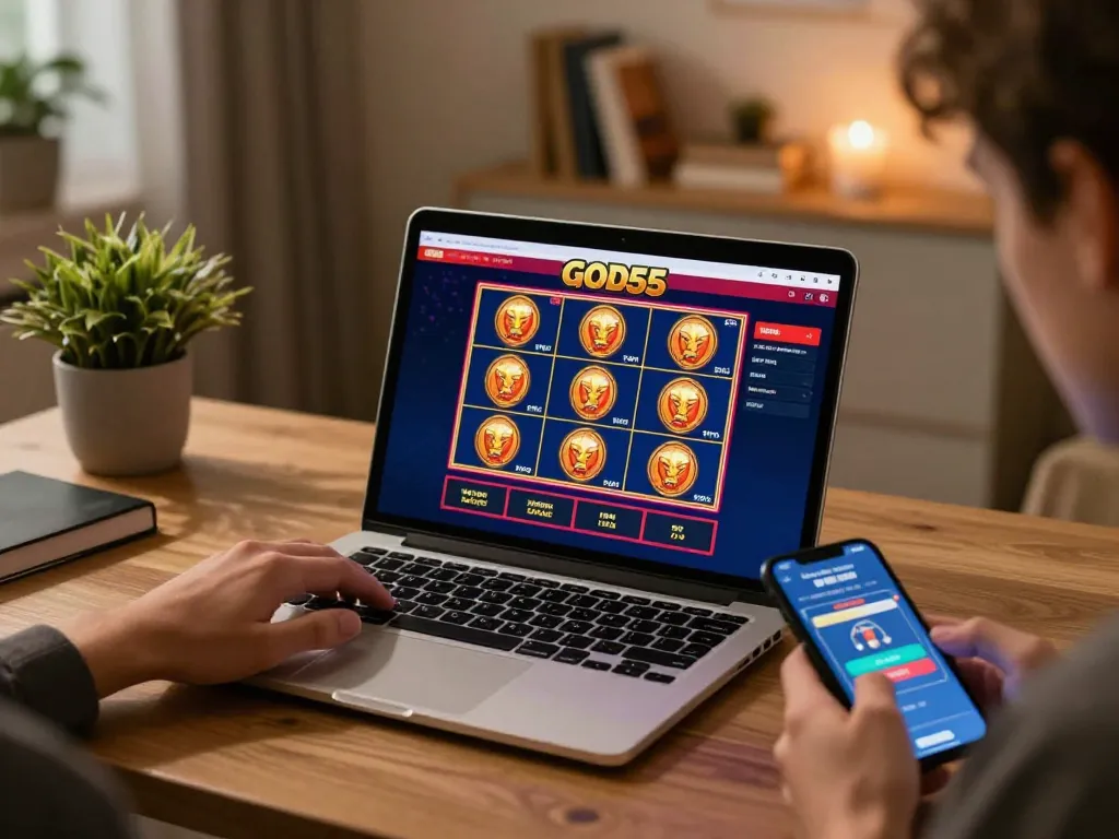 Engaging scene of a player using god55 online casino on laptop, showcasing vibrant slot games.