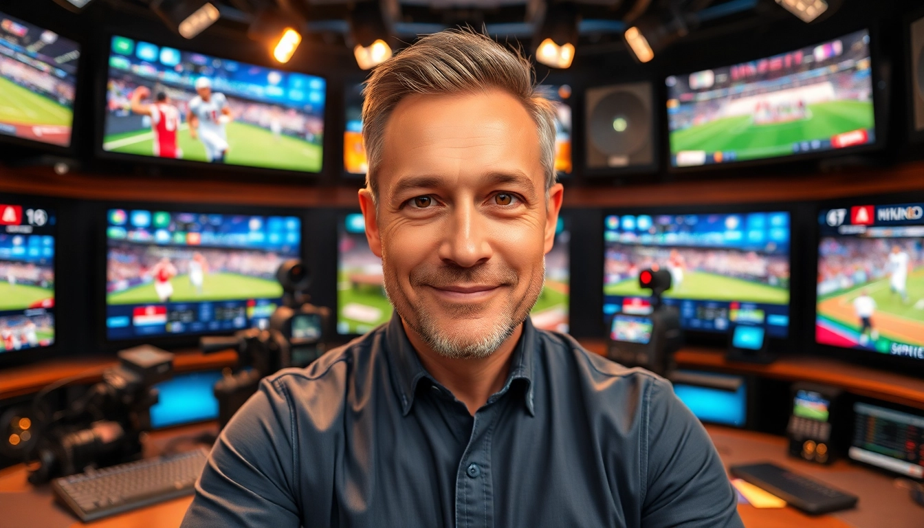 Capture the action in Sports Broadcasting with an animated sportscaster in a modern studio.