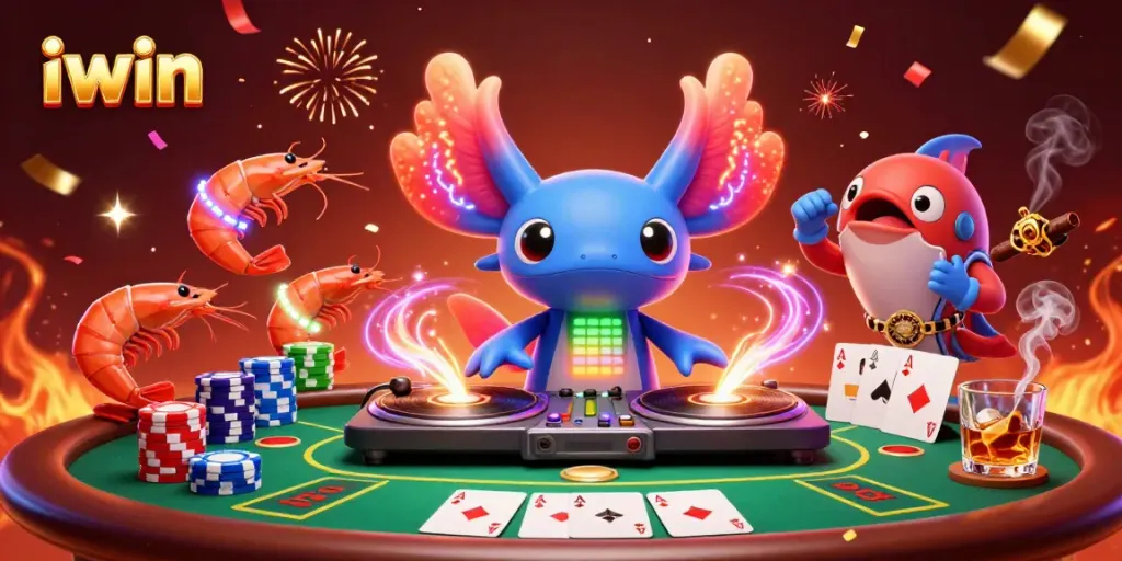 Engage in iwin casino action with vibrant characters dancing around a dynamic poker scene.