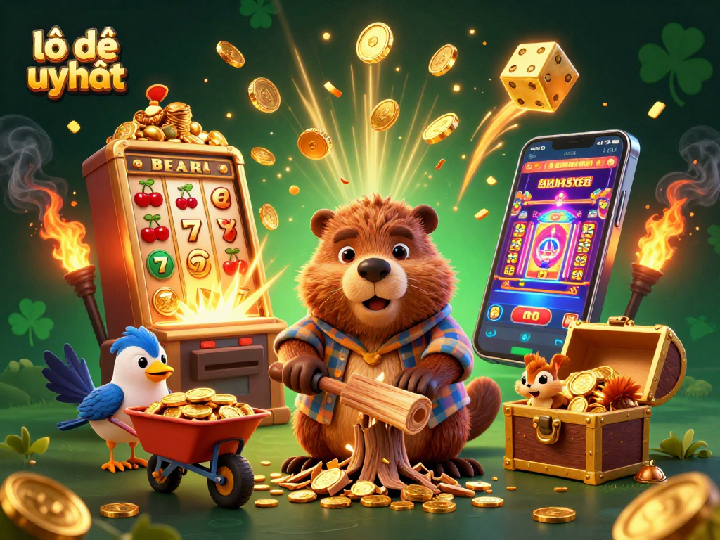 Experience thrilling lô đề uy tín gaming with cartoon characters collecting coins amidst casino elements.