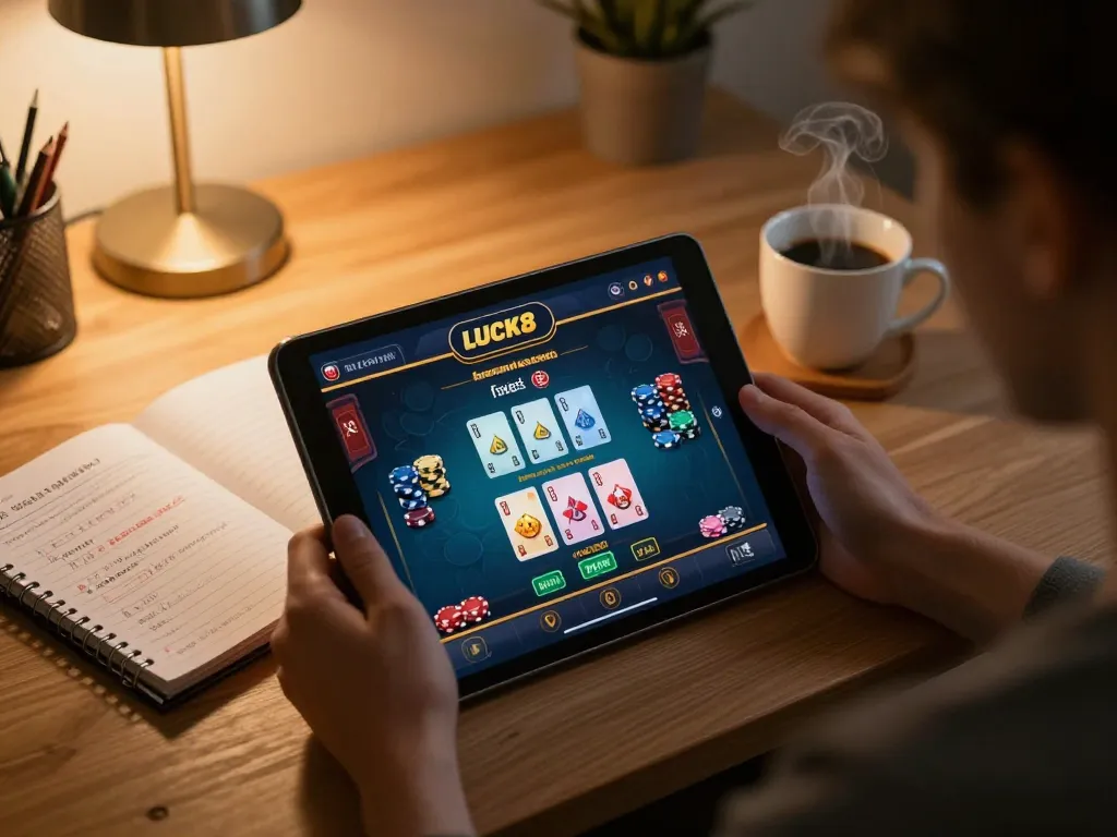 Engaged player exploring LUCK8 online casino on tablet, showcasing exciting gameplay.