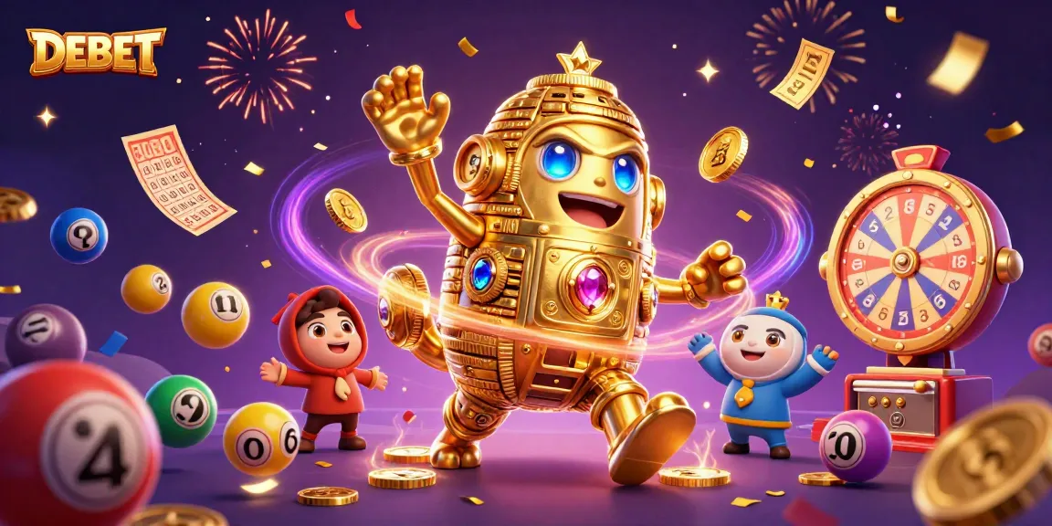 DEBET lottery fun illustrated with vibrant colors, golden golem, and exciting gaming elements.