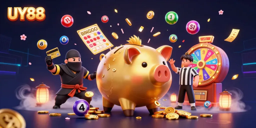 Celebrate winnings at UY88 with vibrant casino characters in a dynamic 3D scene.