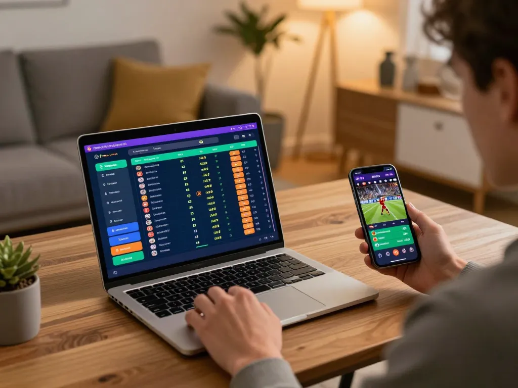 Person using rr99t betting app while watching live sports at home in a cozy setting
